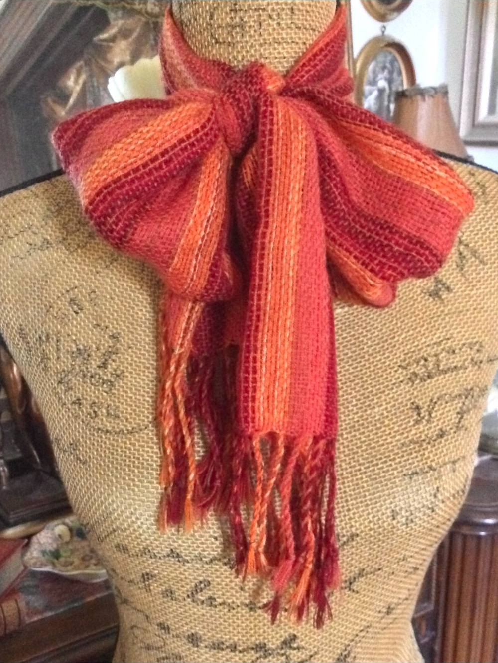 Vintage Boho Hippie Gypsy Woven Warm Orange Coral Red Scarf Cravat Neck Tie